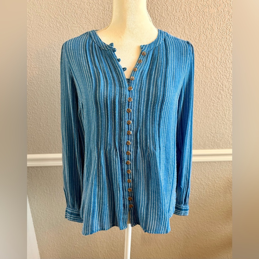 PILCRO Anthropologie Blue Stripe Knit Henley Top Size S Viscose Wool Peasant